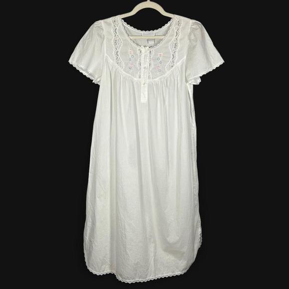 Miss Elaine Other - Vintage Miss Elaine White Cotton Nightgown Lace Trim Floral Embroidered Womens S